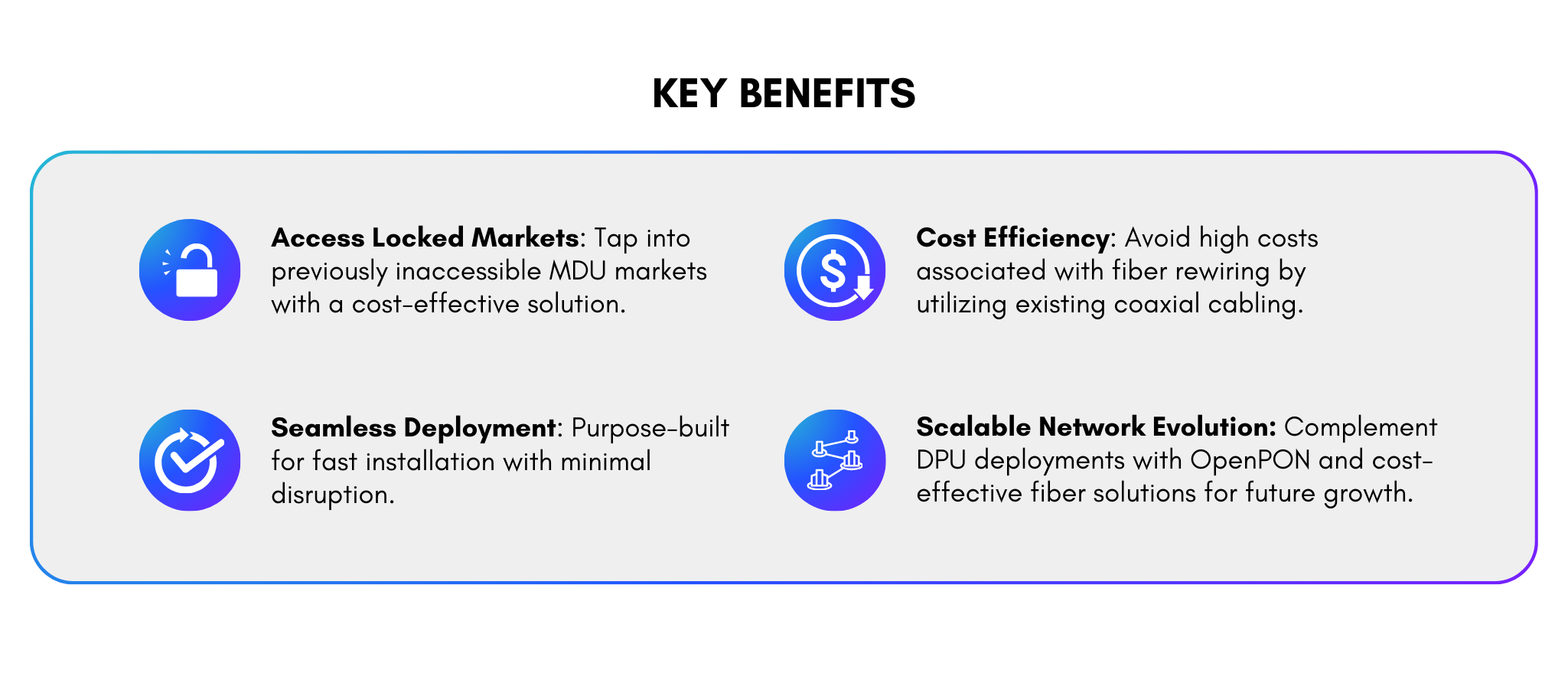 Access Locked Markets: Tap into previously inaccessible MDU markets with a cost-effective solution.
Seamless Deployment: Purpose-built for fast installation with minimal disruption.
Cost Efficiency: Avoid high costs associated with fiber rewiring by utilizing existing coaxial cabling.
Key Benefits
Scalable Network Evolution: Complement DPU deployments with OpenPON and cost-effective fiber solutions for future growth.